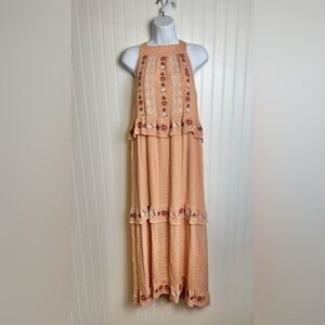 THML peach floral embroidered clip dot halter maxi dress size small C36